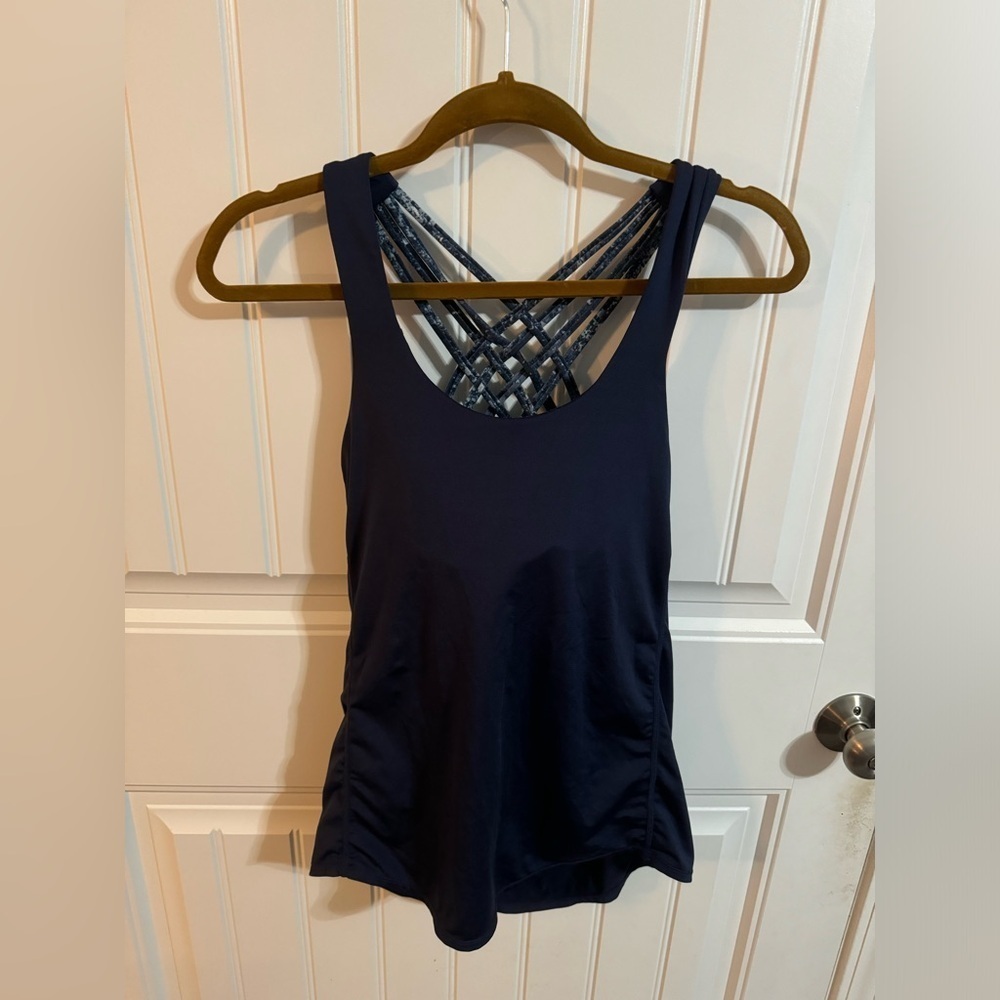 Queenie Ke Womens Sport 2 in 1 Tank Top CrissCross Straps Wild Tank Dark Navy - Picture 2 of 7